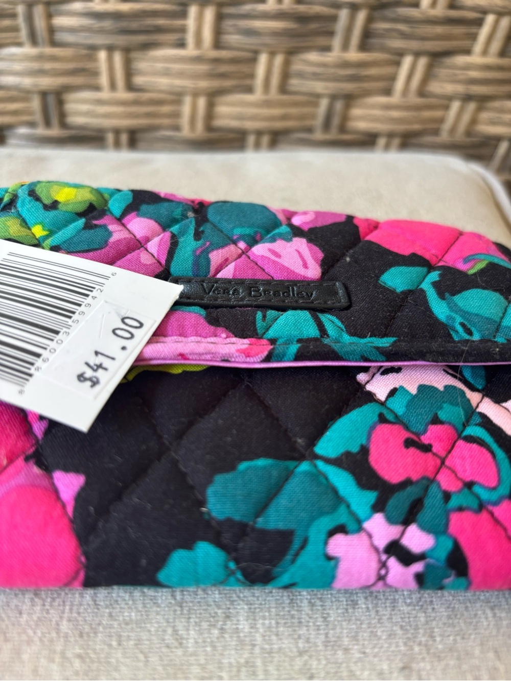 Vera Bradley Quilted Floral Trifold Wallet - Black, Hot Pink & Teal - Picture 3 of 11